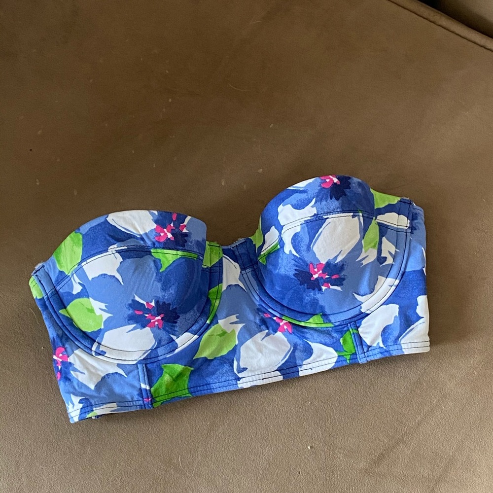 Blue floral strapless bikini top